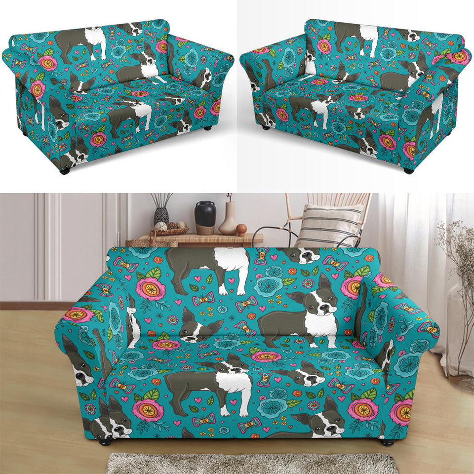 Boston Terrier Beautiful Flower Pattern Loveseat Couch Slipcover