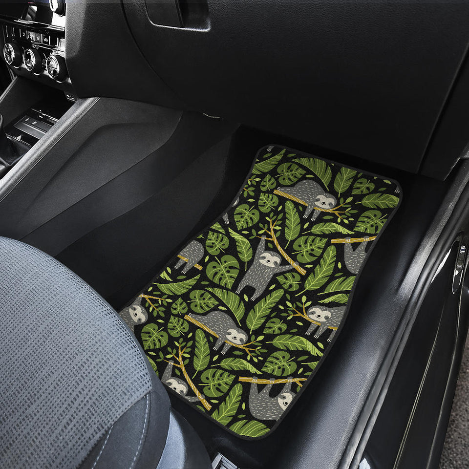 Cute Sloths Tropical Palm Leaves Black Background Front And Back Car Mats