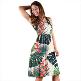 Heliconia Flowers, Palm And Monstera Leaves Sleeveless Midi Dress