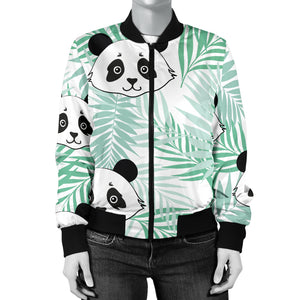 Panda Pattern Tropical Leaves Background Women'S Bomber Jacket