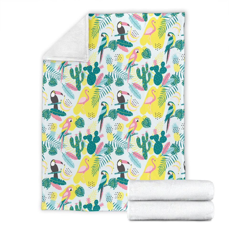 Cute Parrot Toucan Flamingo Cactus Exotic Leaves Pattern Premium Blanket