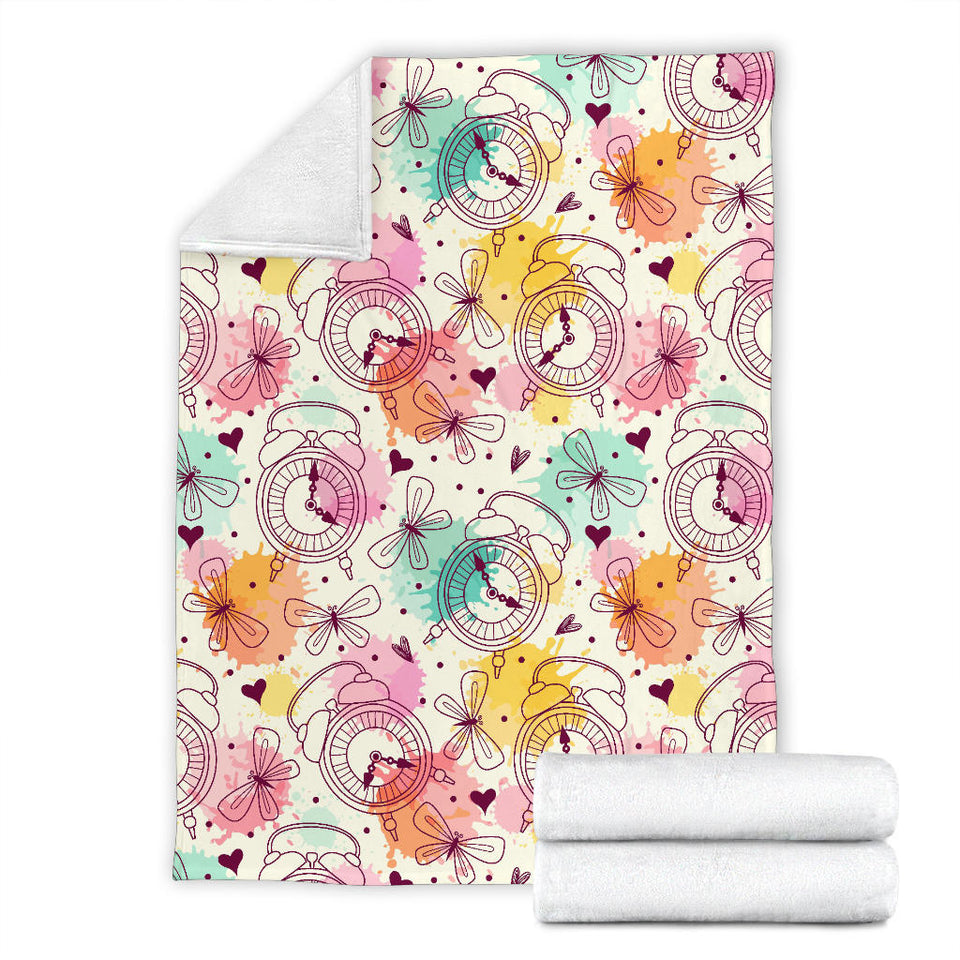 Clock Butterfly Pattern Premium Blanket