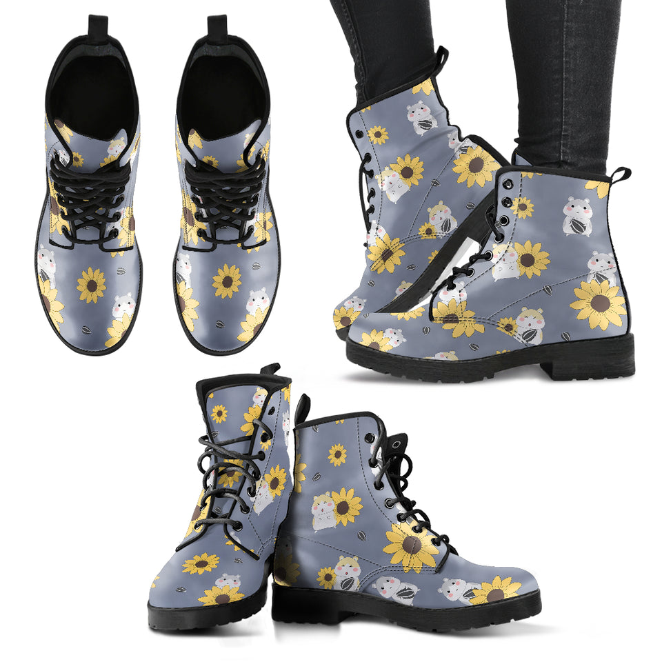 Cute Hamster Sunflower Pattern Background Leather Boots