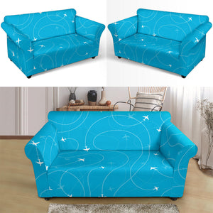 Airplane Destinations Blue Background Loveseat Couch Slipcover