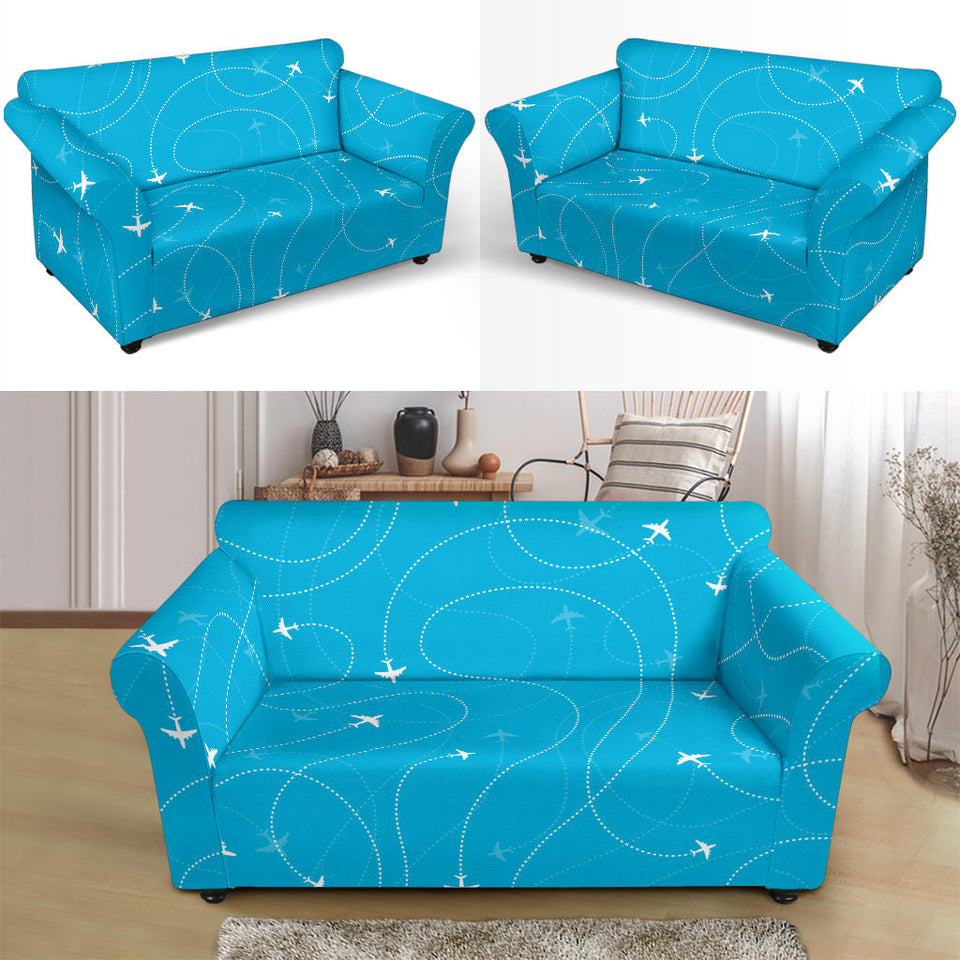 Airplane Destinations Blue Background Loveseat Couch Slipcover
