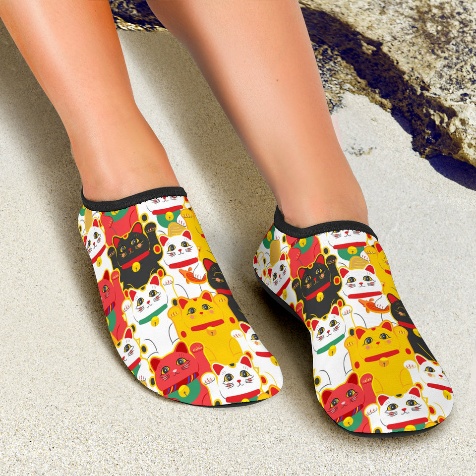 Colorful Maneki Neko Lucky Cat Pattern Aqua Shoes