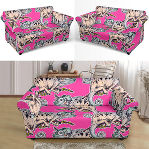 Chameleon Lizard Pattern Pink Background Loveseat Couch Slipcover