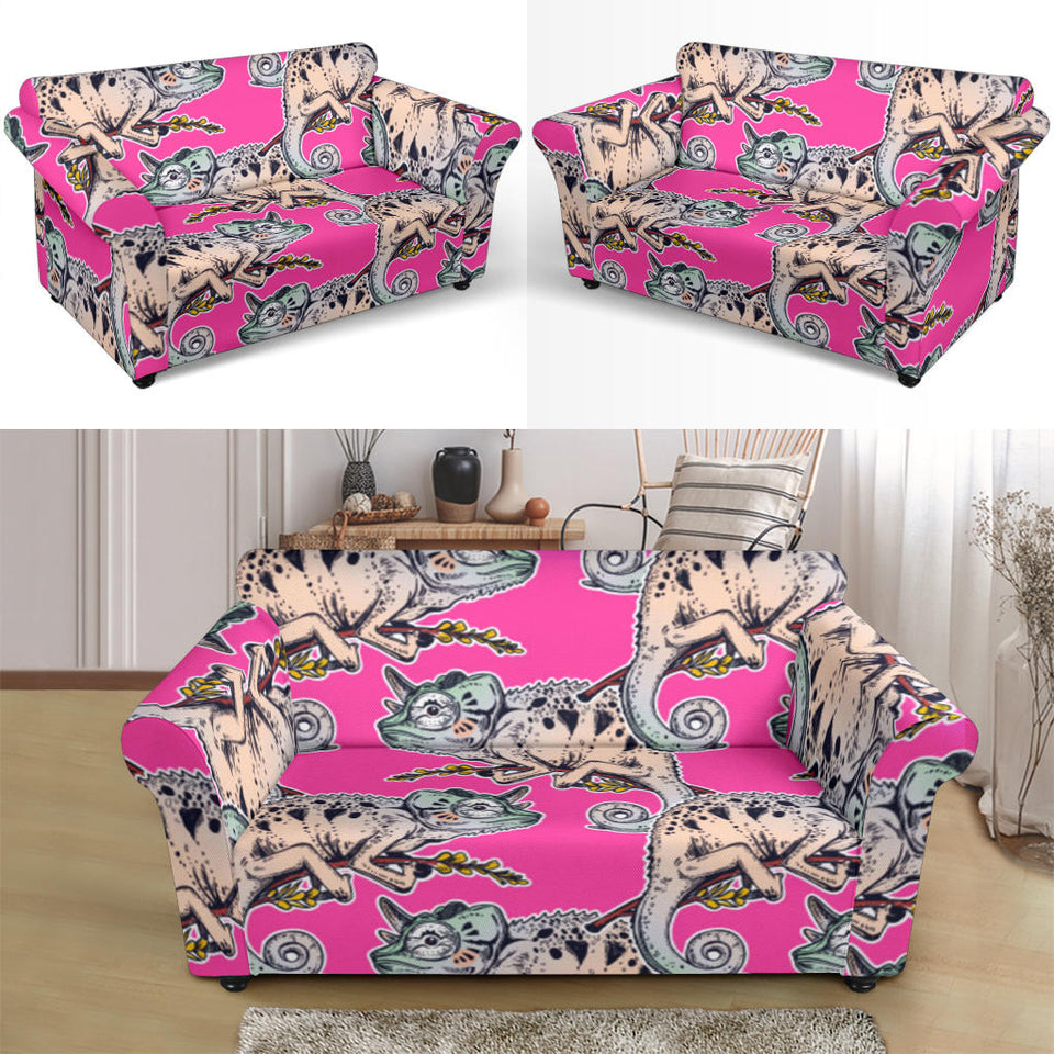 Chameleon Lizard Pattern Pink Background Loveseat Couch Slipcover