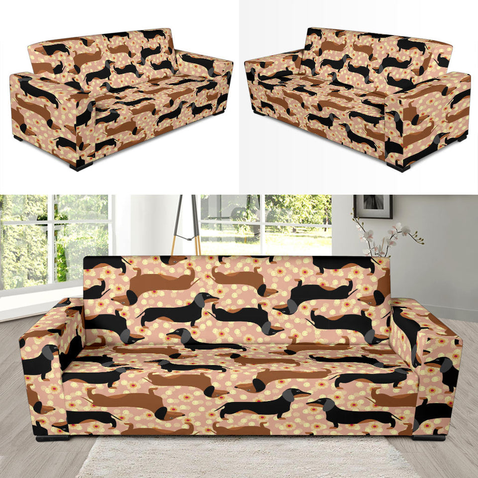 Dachshund Floral Background Sofa Slipcover