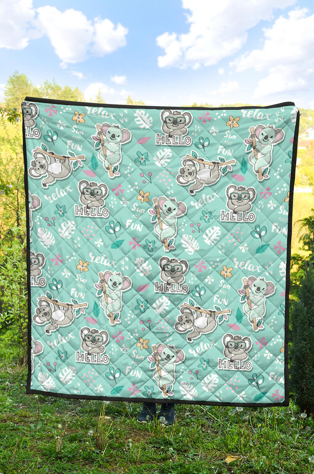 Cute Koalas Blue Background Pattern Premium Quilt
