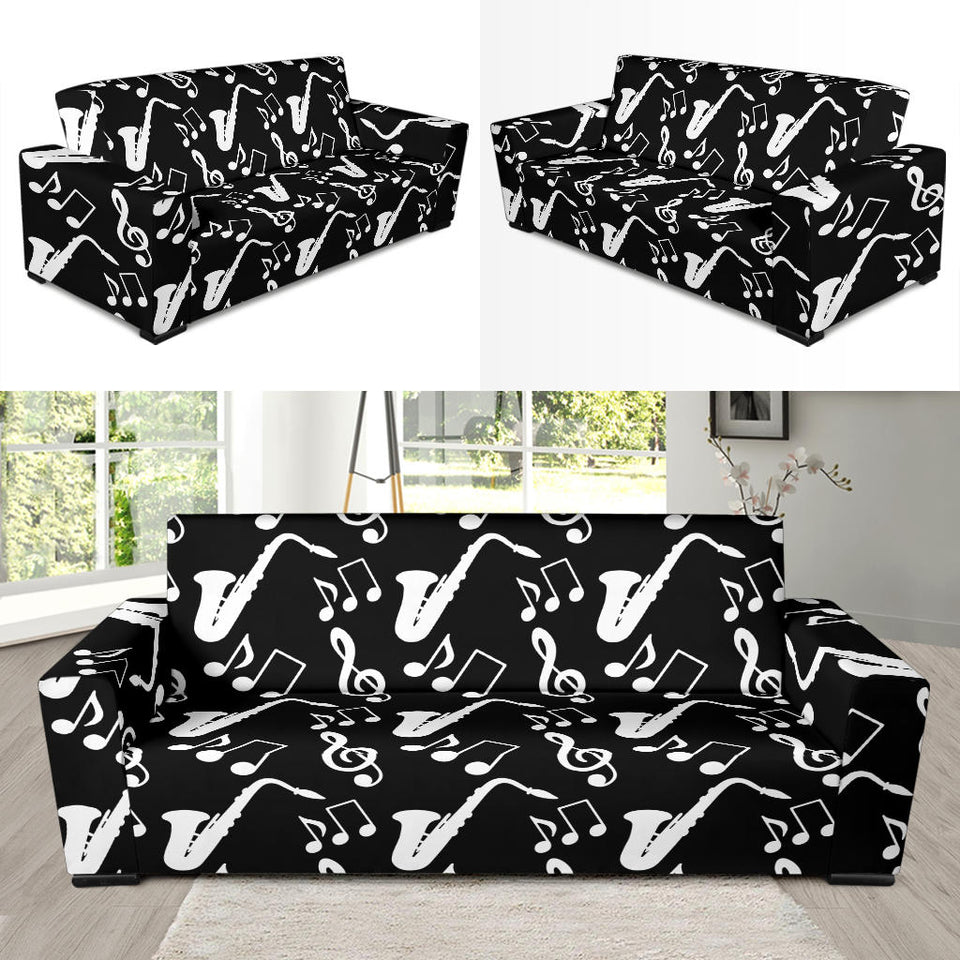 Saxophone Music Notes Treble Clef Black White Theme Sofa Slipcover