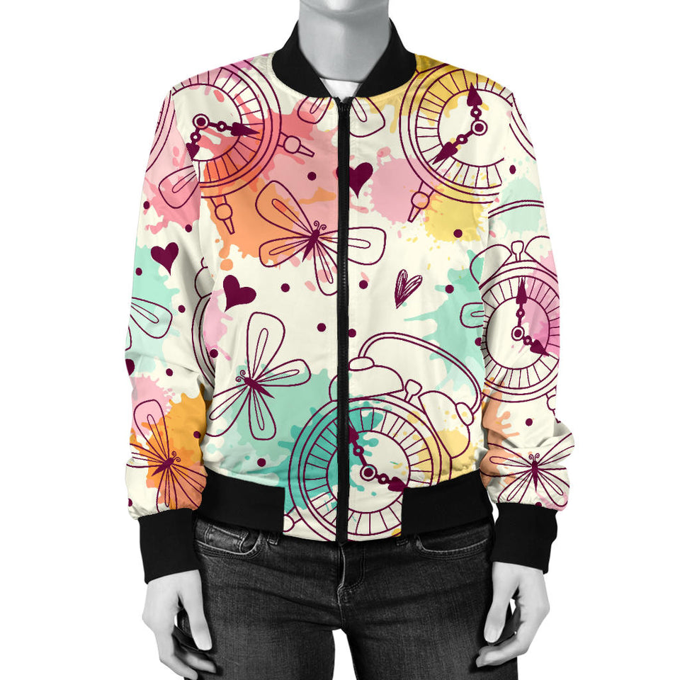 Clock Butterfly Pattern Women'S Bomber Jacket