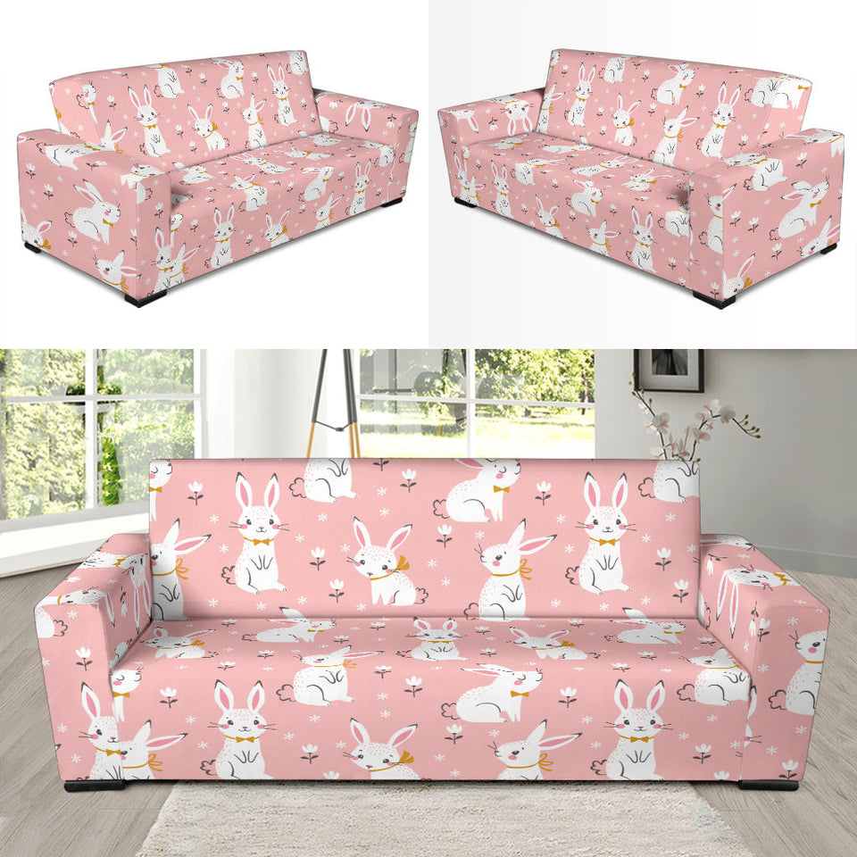 Cute White Rabbit Flower Pink Background Sofa Slipcover