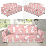 Cute White Rabbit Flower Pink Background Sofa Slipcover
