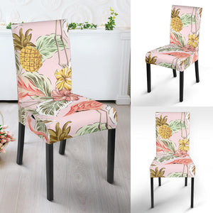 Pink Flamingo Birds Pineapples Hibiscus Flower Pattern Dining Chair Slipcover
