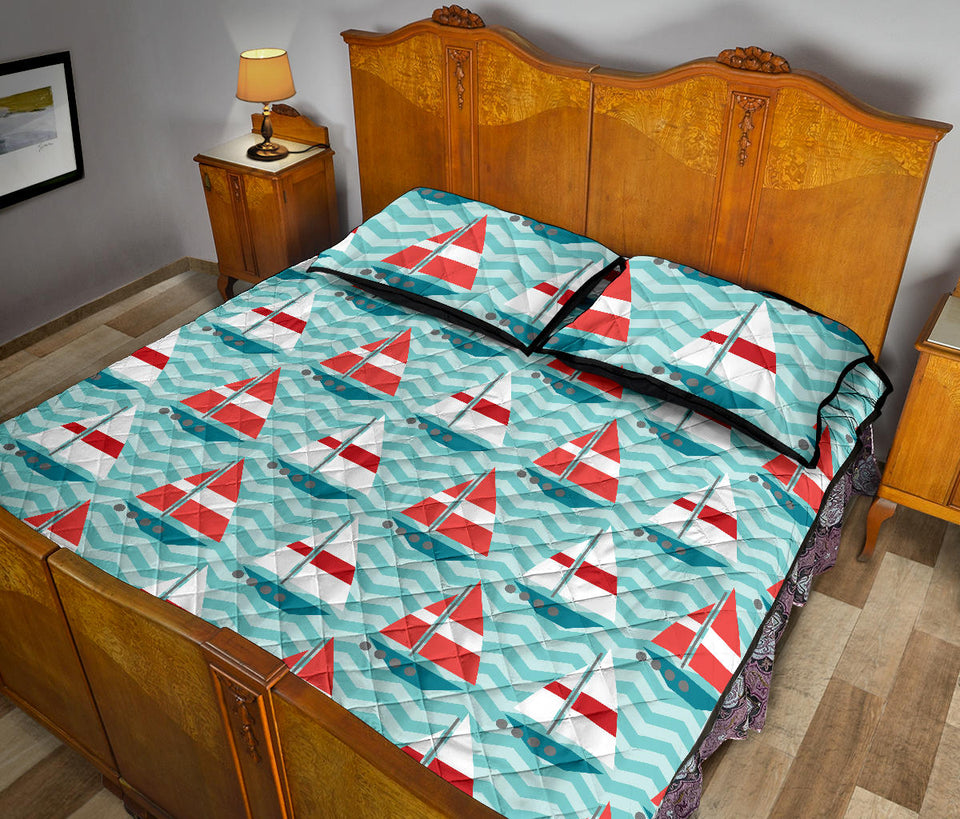 Red White sailboat wave background Quilt Bed Set