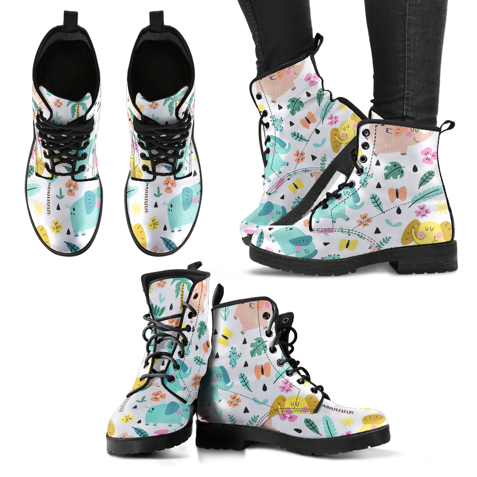 Cute Elephants Palm Tree Flower Butterfly Pattern Leather Boots