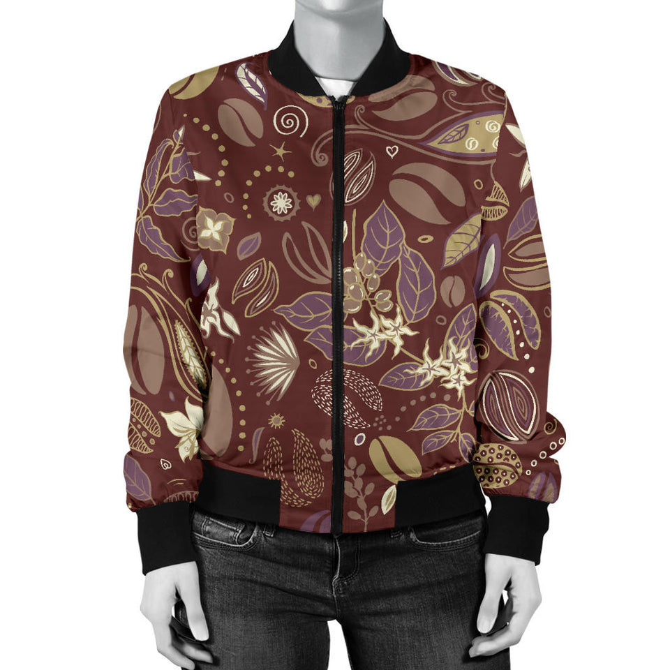 Coffee Bean Flower Pattern Women'S Bomber Jacket