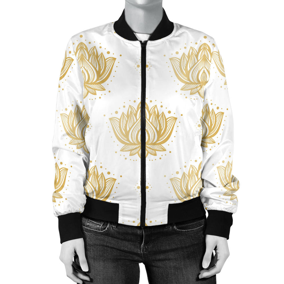 Gold Ornawomen'Stal Lotue Waterlily Symbol Pattern Women'S Bomber Jacket