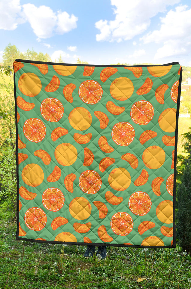 Orange Fruit Pattern Green Background Premium Quilt
