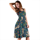 Raccoon Tropical Leaves Pattern Sleeveless Midi Dress
