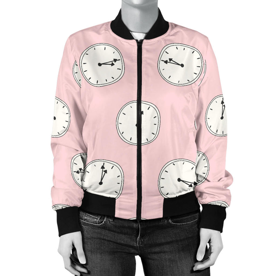 Clock Pattern Pink Blackground Women'S Bomber Jacket