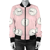 Clock Pattern Pink Blackground Women'S Bomber Jacket