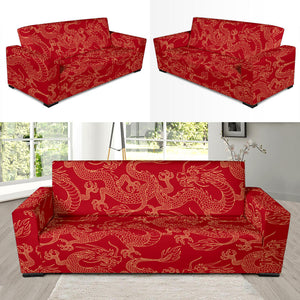 Gold Dragons Red Background Sofa Slipcover