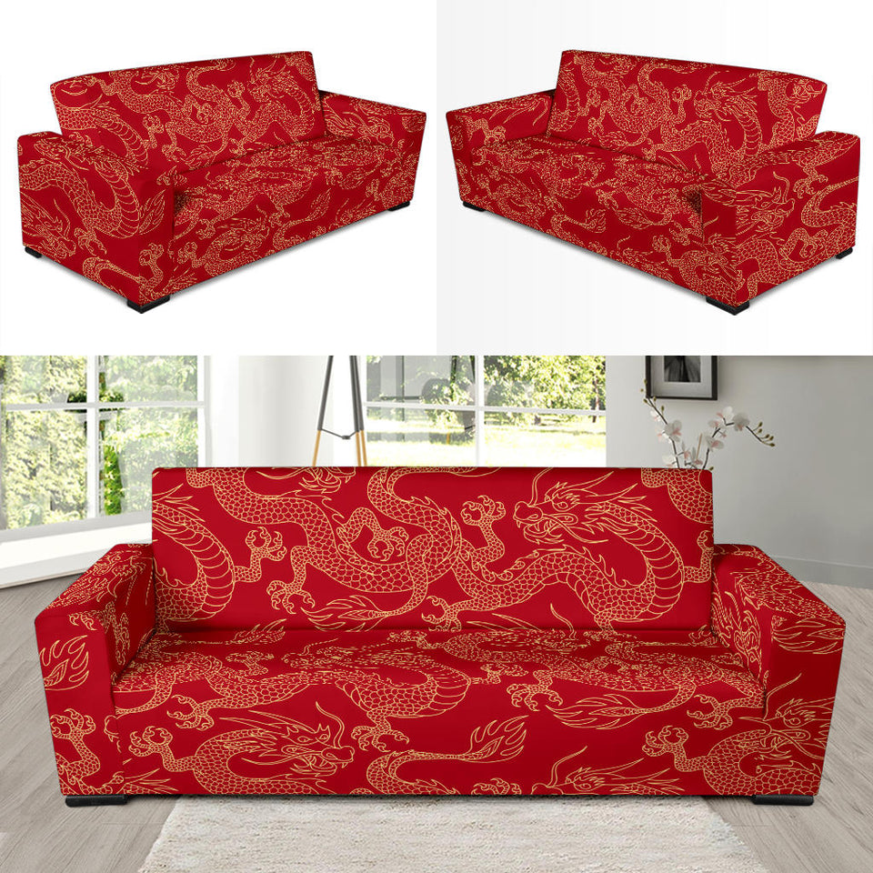Gold Dragons Red Background Sofa Slipcover