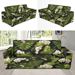 White Orchid Flower Tropical Leaves Pattern Blackground Sofa Slipcover