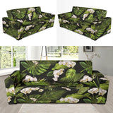 White Orchid Flower Tropical Leaves Pattern Blackground Sofa Slipcover