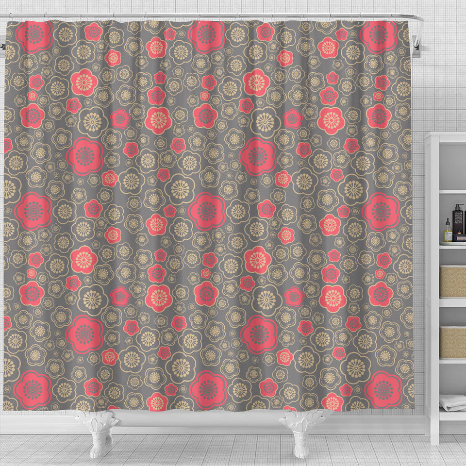 Red Gold Sakura Cherry Blossom Gray Background Shower Curtain Fulfilled In US