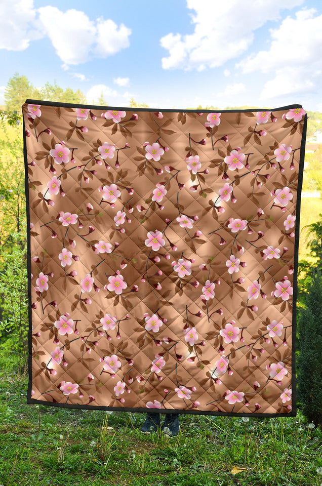 Pink Sakura Cherry Blossom Drak Brown Background Premium Quilt