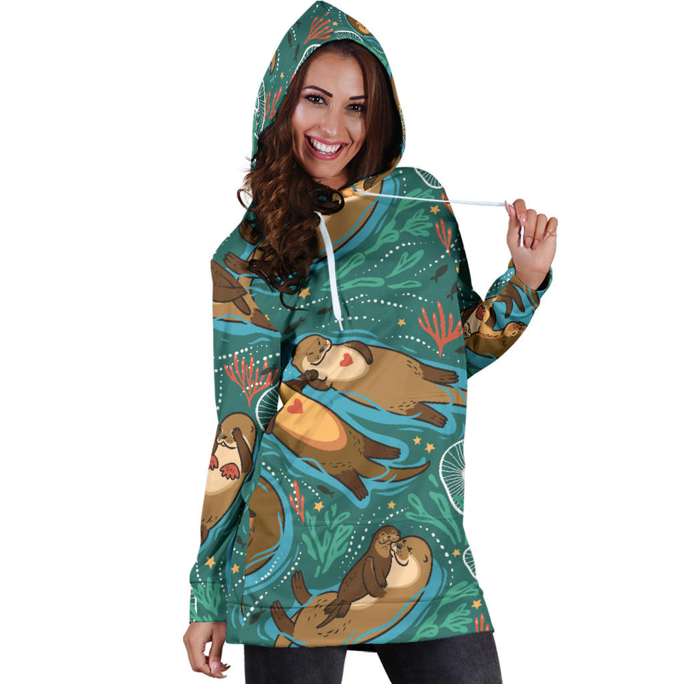 Cute Brown Sea Otters Ornamental Seaweed Corals Green Water Women'S Hoodie Dress