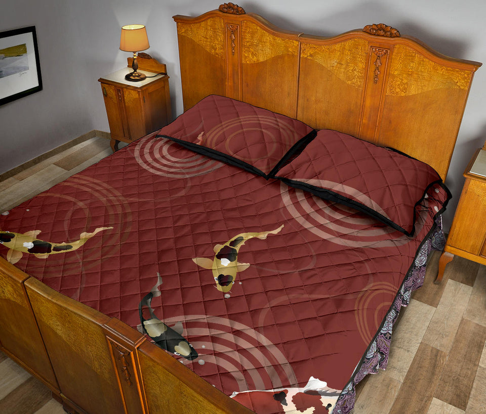 Koi Fish Carp Fish red background Quilt Bed Set