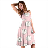Clock Pattern Pink Blackground Sleeveless Midi Dress