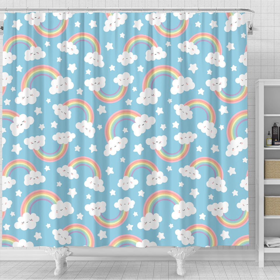 Cute Rainbow Clound Star Pattern Blue Background Shower Curtain Fulfilled In US