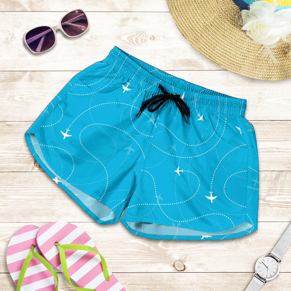 Airplane Destinations Blue Background Women Shorts