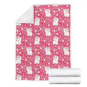 Maneki Neko Lucky Cat Sakura Pink Background Premium Blanket