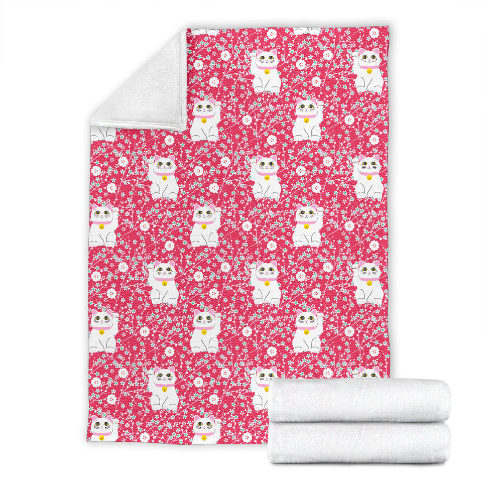 Maneki Neko Lucky Cat Sakura Pink Background Premium Blanket