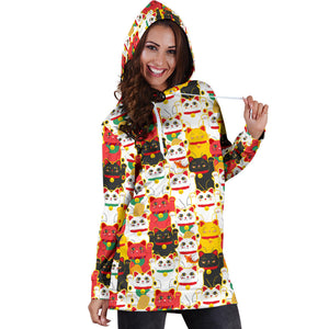Colorful Maneki Neko Lucky Cat Pattern Women'S Hoodie Dress