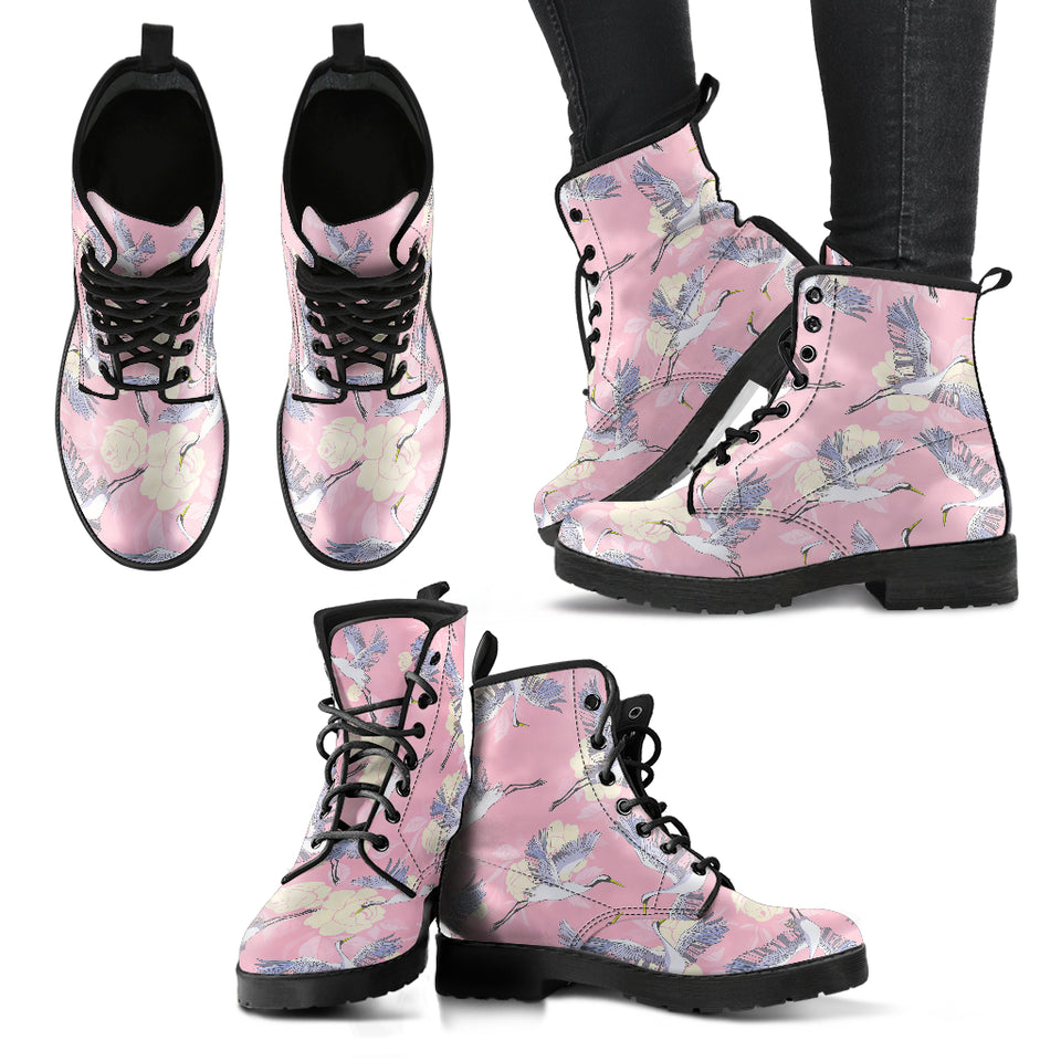Japanese Crane Rose Pattern Leather Boots