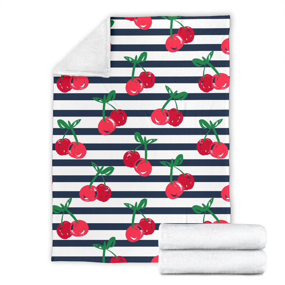Hand Drawn Cherry Pattern Striped Background Premium Blanket