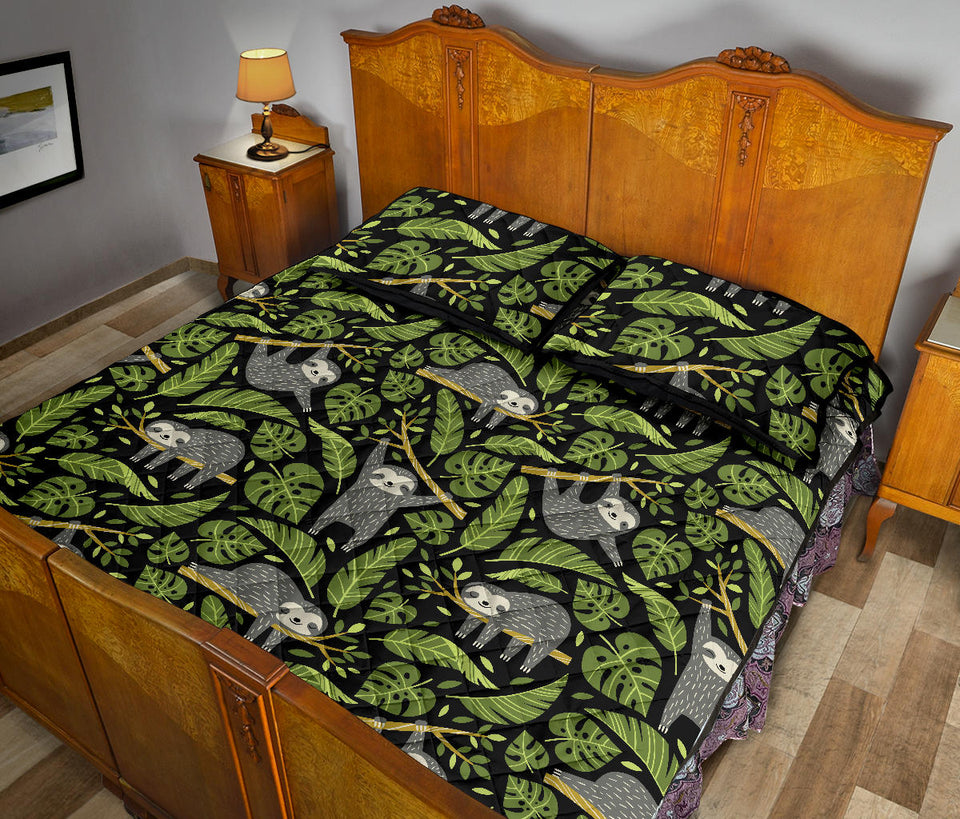 Cute sloths tropical palm leaves black background Quilt Bed Set