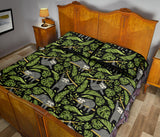 Cute sloths tropical palm leaves black background Quilt Bed Set