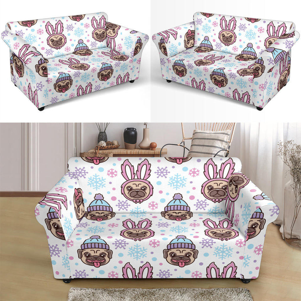 Cute Pug Hat Rabbit Costume Pattern Loveseat Couch Slipcover