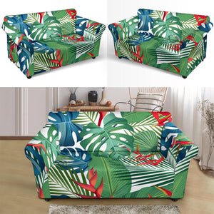 Heliconia Palm And Monstera  Leaves Pattern Loveseat Couch Slipcover