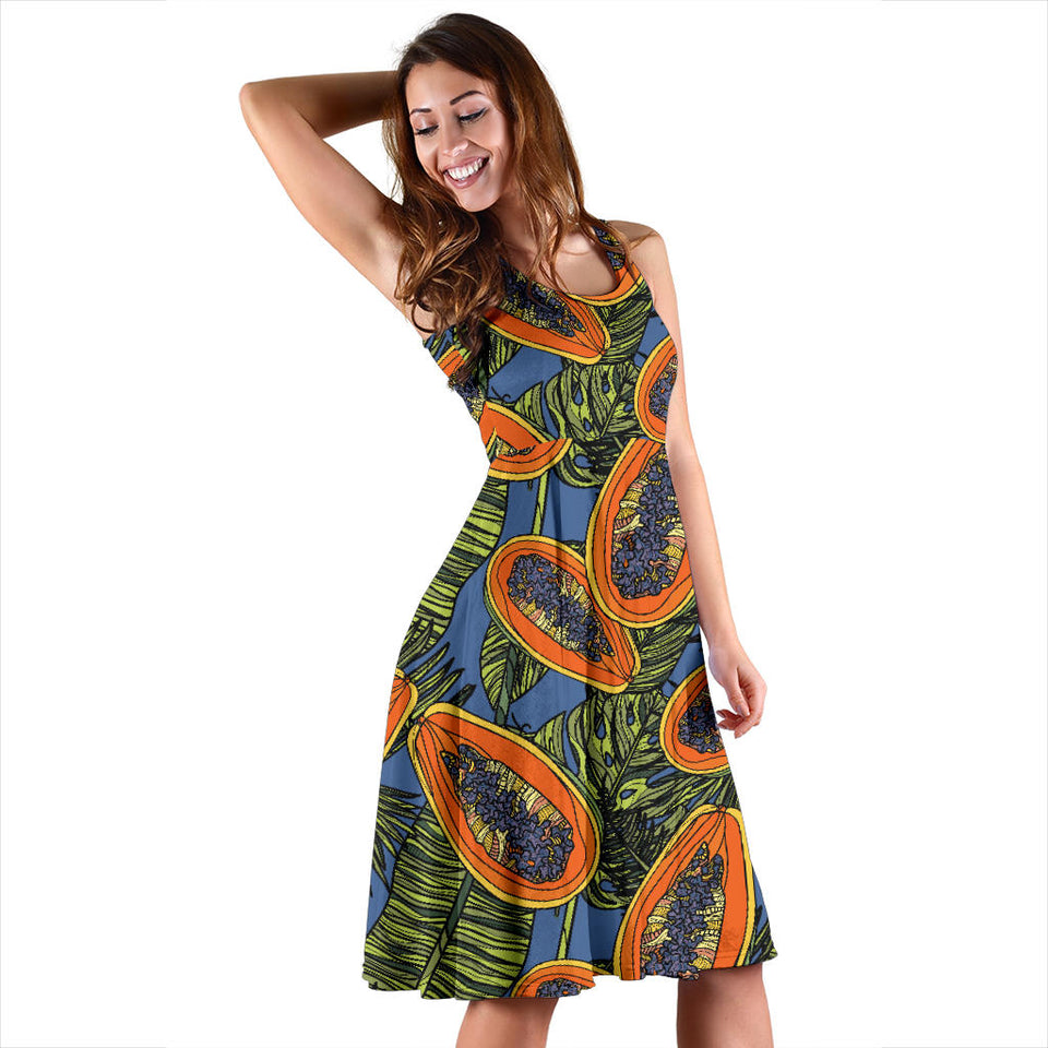 Colorful Papaya Tropical Leaves Sleeveless Midi Dress