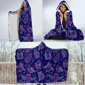 Cute Owls Pattern Boho Style Ornament Hooded Blanket