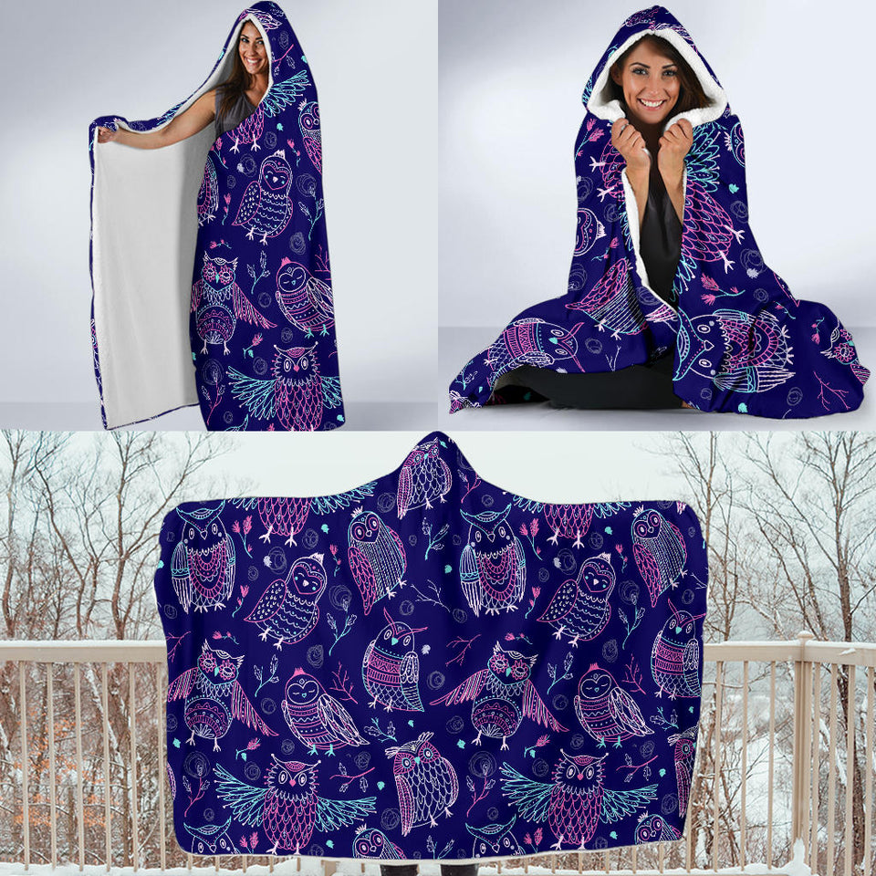 Cute Owls Pattern Boho Style Ornament Hooded Blanket